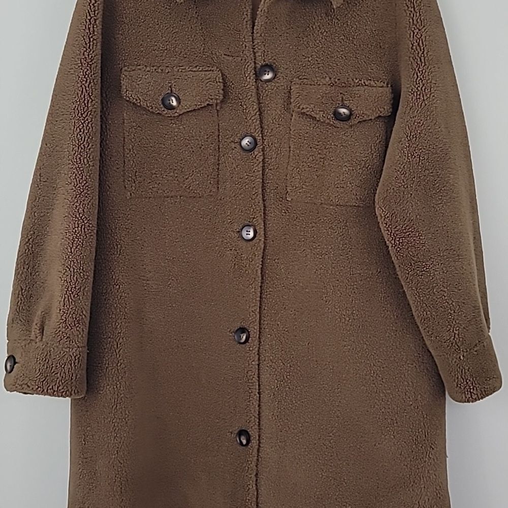 Rebecca Minkoff Brown Faux Shearling Button Down Long Overcoat w/Pockets Size XL - Picture 5 of 15